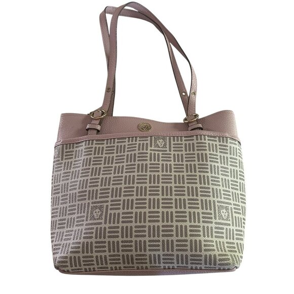 Anne Klein Pink & Grey Tote Bag - Gold Hardware - Geometric Print Purse Satchel - Picture 4 of 9